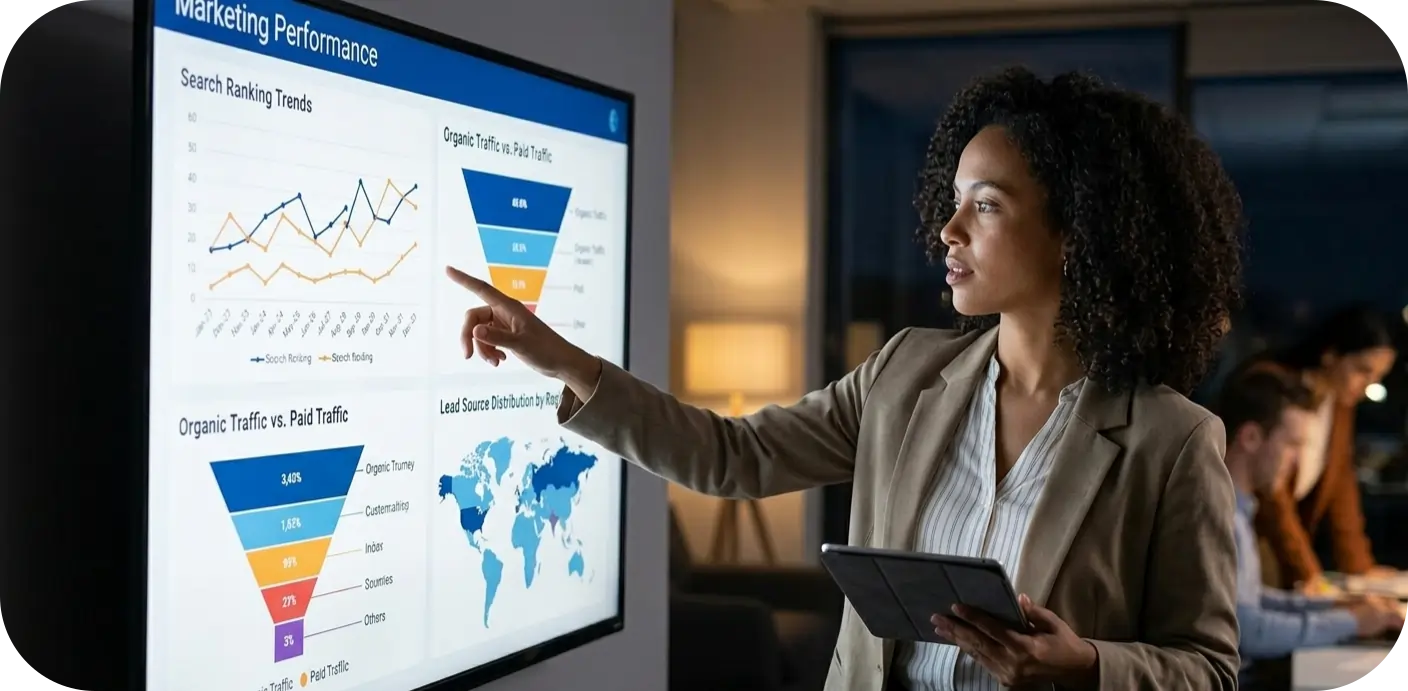 Marketing specialist analyzing real-time digital traffic and search ranking performance data for global branding strategies.